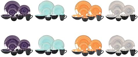 HomeVss, Stoneware Sonoma Dinnerware Set, Black + Speckled Spin Wash (56pc Set, Mix Grey, Orange, Purple, Turquoise) - Image 3