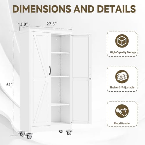 Metal Storage Cabinets with Wheels, Steel Tool Cabinets Lock Door and 3 Adjustable Shelves for Home Office, Garage, Kitchen (White, 61" H) - Image 2