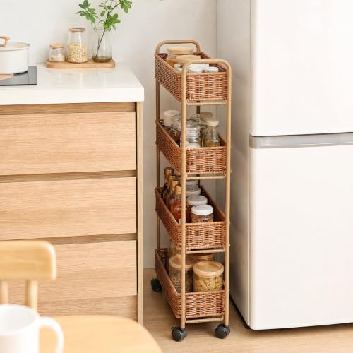 FOCHIER F Utility Slim Storage Cart,4-Tier Rolling Kitchen Office Laundry Room Cart with Wheels,Mobile Shelving Unit Organizer for Living Room,Bathroom, Baby Diaper,Art,Dining Room Narrow Places by FOCHIERF