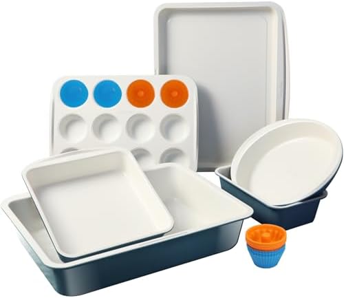 Ceramic Nonstick Baking Pans Set, Non Toxic 30 PCS Stackable Bakeware Sets, 550°F Oven Safe Baking Sheet & Pans, Warp-Free, Dishwasher Safe, PTFE/PFOA/PFOS-Free (Blue) by Ymiton