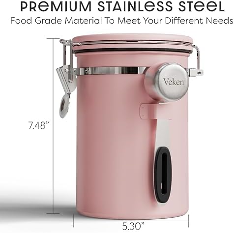 Veken Coffee Canister with Window, Airtight Stainless Steel Container,Date Tracker, Kitchen Food Storage Jars for Beans, Ground, Espresso, Rice,Tea, Sugar, Cereal, Gifts, Scoop, Pink, 22OZ (Pack of 2) - Image 2