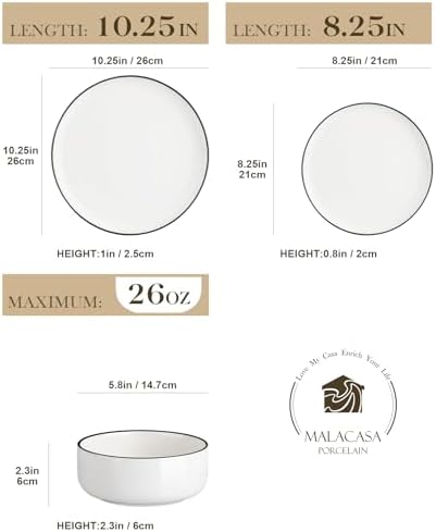 MALACASA Plates and Bowls Sets, 24 Pieces Modern Porcelain Dinnerware Set for 8 White Kitchen Dinner Dining Ware Set wtih Black Rim Ceramic Dishware Dishes Microwave and Dishwasher Safe, Series LUNA - Image 2