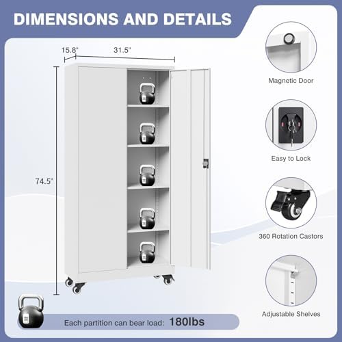 Metal Garage Storage Cabinet with Locking Doors and Adjustable Shelves, Wide & Deep Storage Cabinet on Wheels, 74.5" Rolling Tool Cabinet for Garage, Basement, Home Office - Image 3