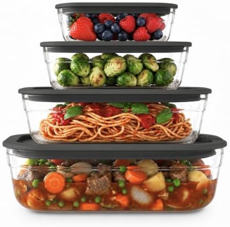 Naked Kitchen 8-Piece Food Storage Containers with Lids – Nesting Borosilicate Glass Meal Prep Containers with Leak-Proof Airtight Seal – BPA Free, Microwave, Oven, Freezer & Dishwasher Safe – Black by NakedKitchen