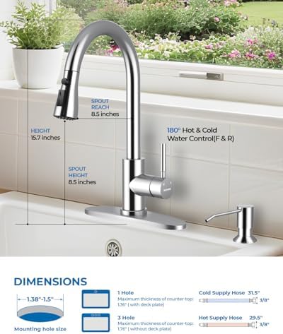 WEWE Kitchen Faucet with Soap Dispenser, Pull-Down Sprayer, Polished Chrome - Image 2