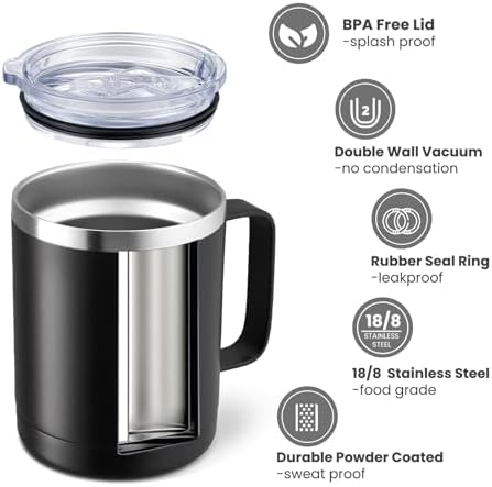 MEWAY 12oz Coffee Mug With Handle 4 Pack Bulk,Stainless Steel Insulated Travel Tumblers With Sliding Lid,Double Wall Vacuum Camping Cup for Hot & Cold Drinks Tea (Black,Set of 4) - Image 2