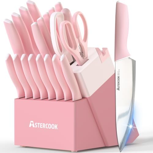 Astercook Knife Set, Kitchen Knives Set with Block and Sharpener 21 Pcs German Stainless Steel Sharp Blade Dishwasher Safe by Astercook