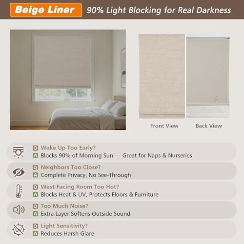 Aimnid Cordless Linen Roman Shades for Windows, Blackout Light Filtering Roman Blinds, Custom Washable Fabric Roman Window Shades for Windows, French Doors, Kitchens, Pure Linen - Image 5