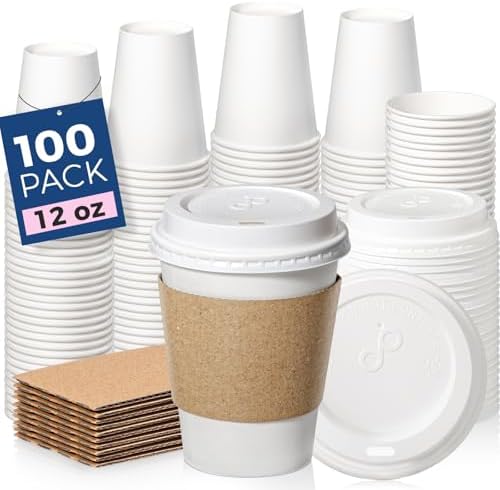 Fit Meal Prep 100 Pack 12 oz Disposable Coffee Cups with Lids, Sleeves, Leak-Proof To Go Coffee Cups with Lids, Durable Hot Paper Cups for Hot Cocoa and Coffee Bar Supplies by FMPBRANDS