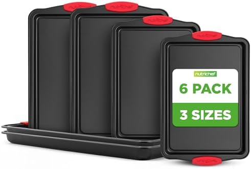 NutriChef Nonstick Baking Pans Set – Premium Cookie Sheets for Baking, Carbon Steel Stackable Baking Trays with Red Silicone Handles, Oven Safe Pans for Cookies, and Cakes, Dishwasher Safe (6 Pack) by NutriChef%E2%84%A2Kitchen