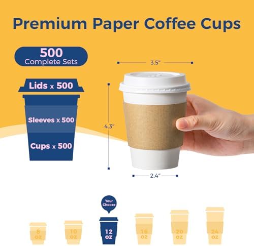 Fit Meal Prep 500 Pack 12 oz Disposable Coffee Cups with Lids, Sleeves, Leak-Proof To Go Coffee Cups with Lids, Durable Hot Paper Cups for Hot Cocoa and Coffee Bar Supplies - Image 2