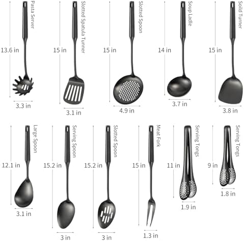 304 Stainlss Steel Matte Kitchen Utensils Set, 11 Pcs Long Metal Cooking Utensil Gadgets Tools Set with Spatula, Ladle, Spoon, Ladle, Skimmer, Tunner, Pasta Server, Tongs(Black, Dishwasher Safe) - Image 6