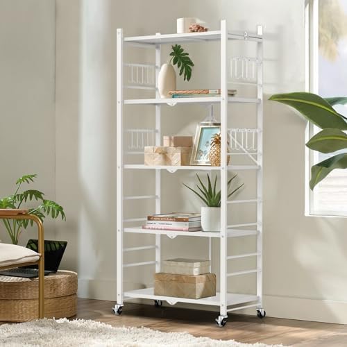 Himix 5-Tier Foldable Storage Shelves 20 Hooks Wheels White No Assembly - Image 2