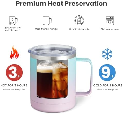 MEWAY 12oz Coffee Mug With Handle and Sliding Lid,Stainless Steel Travel Tumbler Cup with Handle,Double Wall Vacuum Insulated Camping Cup for Hot & Cold Drinks Tea (Bubble Gum,Set of 1) - Image 2
