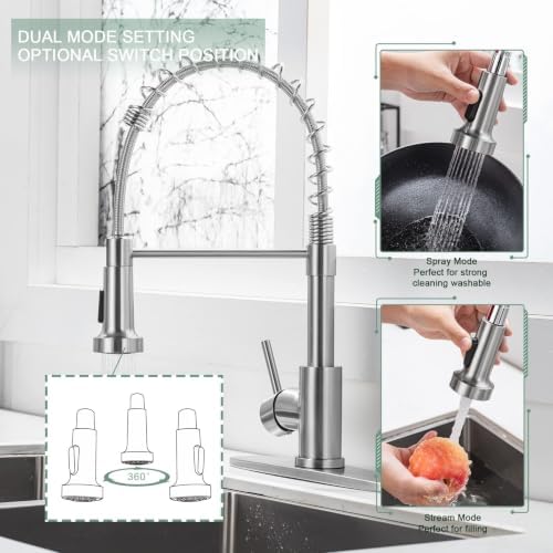 WEWE Brushed Nickel Kitchen Faucet with Pull Down Sprayer, Single Handle Stainless Steel Sink Faucet with Deck Plate, 1 or 3 Hole Faucet for Kitchen, Laundry and RV - Image 3