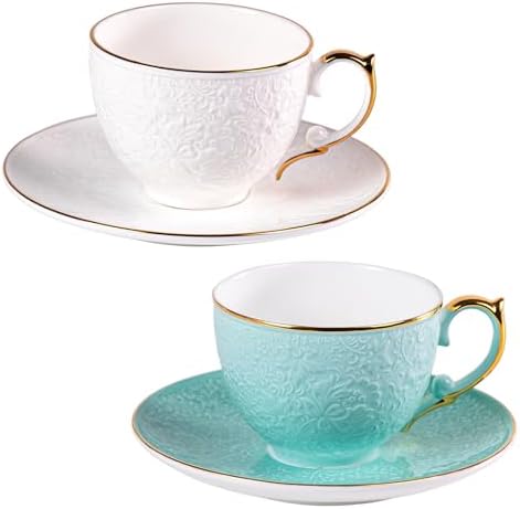 KAMMAK Tea Cups and Saucers Set of 2, Fine Bone China Coffee Cups, GH021 by KAMMAK