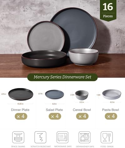Famiware Mercury 16-Piece Dinnerware Set with Pasta Bowls, Multi-color - Image 2