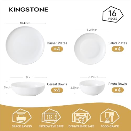 KINGSTONE Bone China Dinnerware Set for 4, 16-Piece Plates and Bowls Set - Image 2