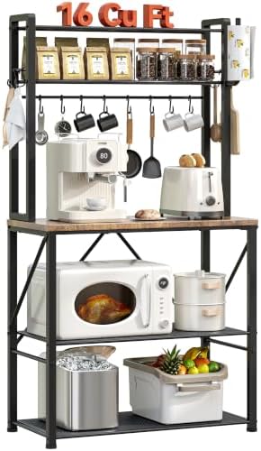 YASONIC Coffee Bar, Bakers Rack with Storage, 25.6 Inches Microwave Stand, 5 Tier Kitchen Shelves Appliance Storage, 12 S Hooks Large Coffee Station for Spices, Pots and Pans, Rustic Brown by YASONIC