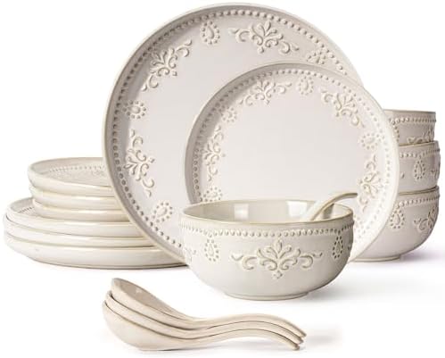 Artena Plates And Bowls Sets, 16 Pieces Dinnerware Sets, Dish Set For 4, Ceramic Kitchen Bowl And Plate Set, Embossed White Dishware Sets, Dishwasher & Microwave Safe (Damask Floral) by Artena