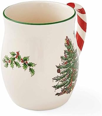 Spode Christmas Tree 14 oz Holiday Mugs (Set of 4) - Festive Coffee Cups with Peppermint Candy Cane Handle, Stoneware Christmas Drinkware Ideal for Hot Cocoa, Holiday Tea & Winter Beverages - Image 3