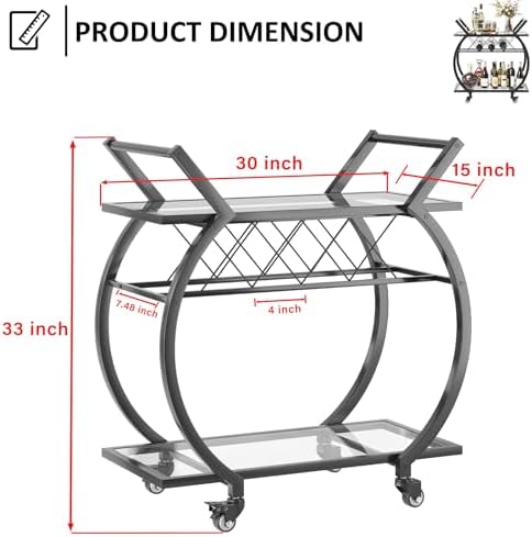 LVB Bar Cart with Glass, Black Bar Cart with Wheels, Home Bar Serving Cart - Image 2