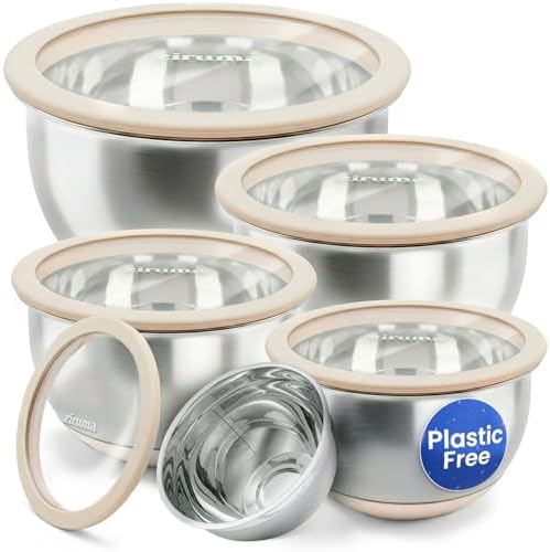 Non-Toxic Stainless Steel Mixing Bowls, Glass Lids, Plastic Free, 5-Pcs by Ziruma