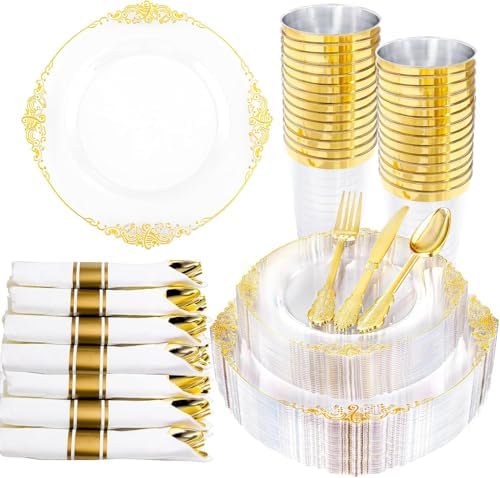 Hioasis 210 Pcs Clear Gold Plates for Party by Hioasis