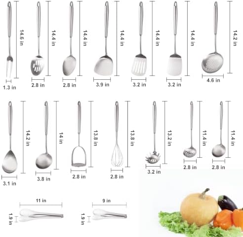 18/10 Stainlss Steel Cooking Utensils Set, 16 Pcs Long Stainless Steel Utensils Set, Metal Utensils Set with Spatula, Spoon, Ladle, Skimmer, Dishwasher Safe - Image 2