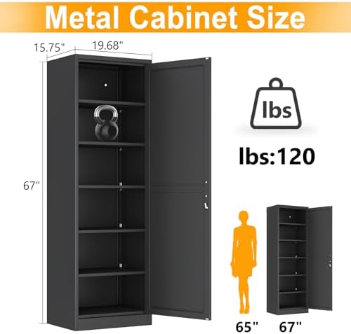 Ckzbx Metal Locker Tall Narrow Storage Cabinet, 67" H Locking Tool File Cabinets Snack Locker Organizer for School Classroom,Bedroom,Gym Home Office,Entryway and Hallway (20" W 1Door Black) - Image 3