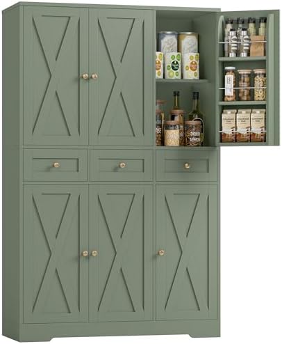 HOSTACK 67"H Farmhouse Kitchen Pantry Storage Cabinet with 3 Drawers, Green by HOSTACK