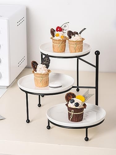 Kanwone 3 Tiered Serving Stand with White Porcelain Plates, Tiered Tray Stand, Dessert Table Display Set, 8" x 8" Tier Serving Trays with Black Metal Stand for Entertaining, 3 Tier Dessert Stand - Image 7
