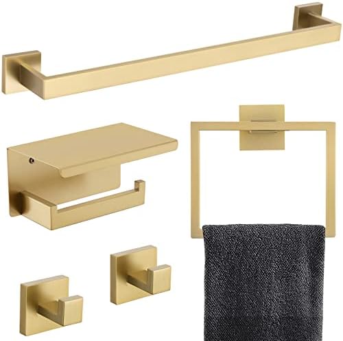 5-Piece Bathroom Hardware Set 23.6 Inch Gold Towel Bar Set Towel Bar Towel Ring Coat Hook and Toilet Paper Holder with Shelf Wall Mounted Stainless Steel Bathroom Accessories Set by TNOMS