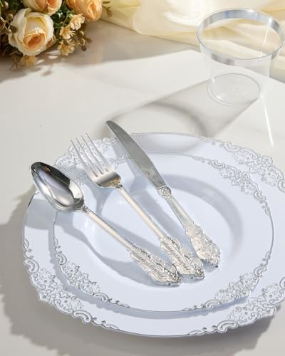 Goodluck 350 Piece Silver Plastic Dinnerware Set for 50 Guests - Image 6