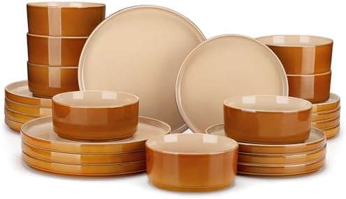 vancasso ONION Ceramic Plates and Bowls Sets, 24 Pieces Brown Dinnerware Sets for Kitchen, Reactive Glaze Dishes Set for 8, Dishwasher and Microwave Safe by vancasso