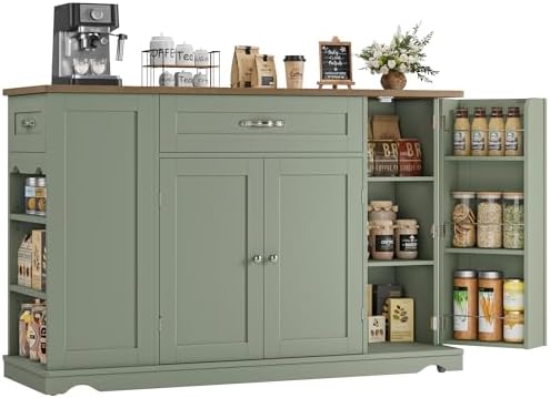 HOSTACK 47" W Kitchen Island Cart with Storage, Rolling Island Table, Green by HOSTACK
