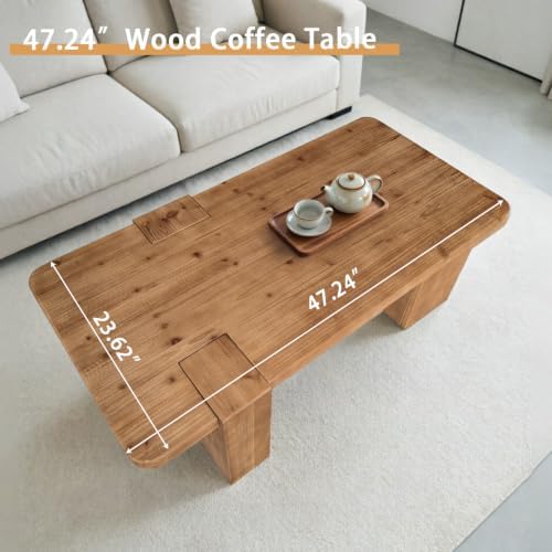 Rustic Wooden Coffee Table with 3 Thicked Legs, Big Rectangle Coffee Table - Image 5