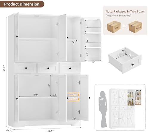 HOSTACK 67"H Farmhouse Kitchen Pantry Storage Cabinet with 3 Drawers, White - Image 3