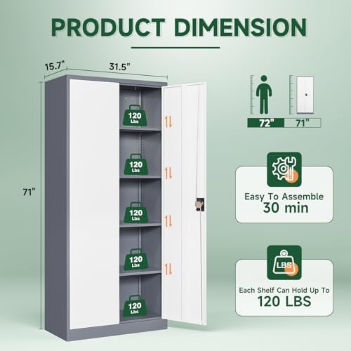 Letaya Metal Garage Storage Cabinets with Lock Door and Adjustable Shelves, Steel Tool Cabinets for Home,Office,Warehouse Organisieren (Gery White, 71" H) - Image 3