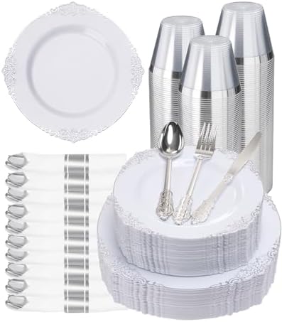 Goodluck 350 Piece Silver Plastic Dinnerware Set for 50 Guests by GoodLuck