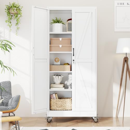 Metal Storage Cabinets with Wheels, Steel Tool Cabinets Lock Door and 4 Adjustable Shelves for Home Office, Garage, Kitchen (White, 70.9" H) by Unknown