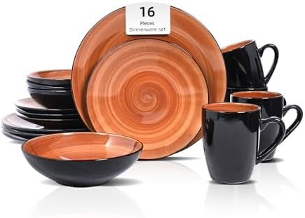 HomeVss, Stoneware Sonoma 16pc Dinnerware Set, Black + Speckled Spin Wash Spice by HomeVSS