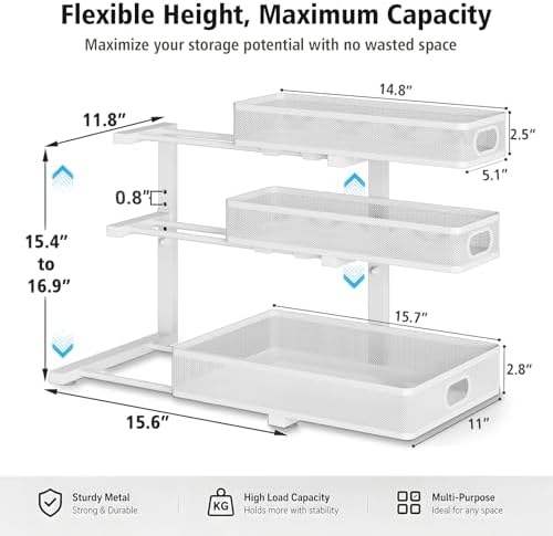 Under Sink Organizer, 3 Tier Pull Out Cabinet Organizer with 5 Adjustable Heights, Metal Under Sink Storage with Sliding Drawers for Kitchen, Bathroom, Pantry and Laundry Room, 2-Pack White - Image 3