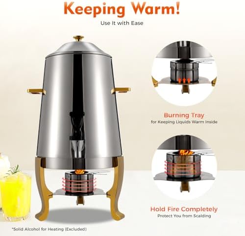 Hot Beverage Dispenser 3.43 Gallon, Beverage Dispenser Chafer Coffee Chafer Urn Gold, Stainless Steel Aluminum Alloy Tabletop Hot/Cold Drink Dispenser for Parties Buffet - Image 3