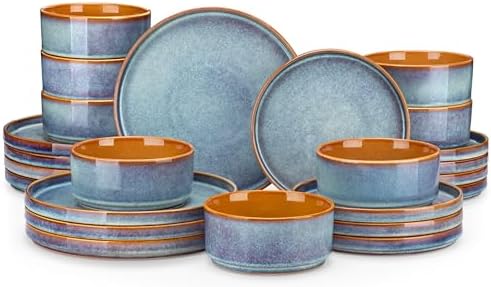 vancasso ONION Ceramic Plates and Bowls Sets, 24 Pieces Blue Dinnerware Sets for Kitchen, Reactive Glaze Dishes Set for 8, Dishwasher and Microwave Safe by vancasso