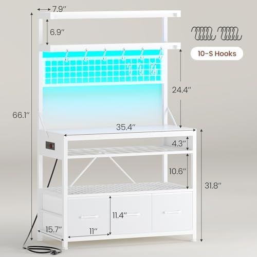 Itaar 35.4" Bakers Rack Microwave Stand with Storage, 3 Drawers, LED Lights - Image 2