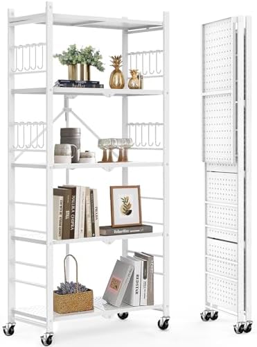 Himix 5-Tier Foldable Storage Shelves 20 Hooks Wheels White No Assembly by Himix