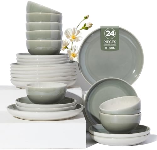 Pokini Ceramic Dinnerware Sets for 8, 24pcs Plates and Bowls Sets Dish Set by Pokini