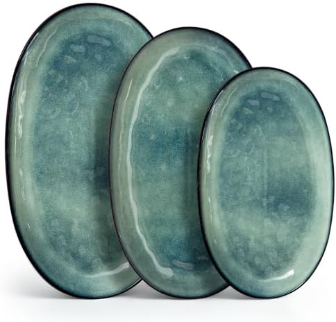 vancasso Ceramic Serving Platters Set of 3, Oval 16/14.7/13.5 Inch Stoneware Serving Dishes for Entertaining, Microwave Safe Serving Trays for Food, Turkey, Cheese, Party, Reactive Glaze Green by vancasso