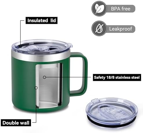 VEGOND 14 oz Insulated Coffee Mug Bulk with Handle, Stainless Steel Travel Coffee Mug with Lid, Double Wall Vacuum Metal Coffee Cup, Coffee Tumbler Powder Coated, Dark Green 4 Pack - Image 4